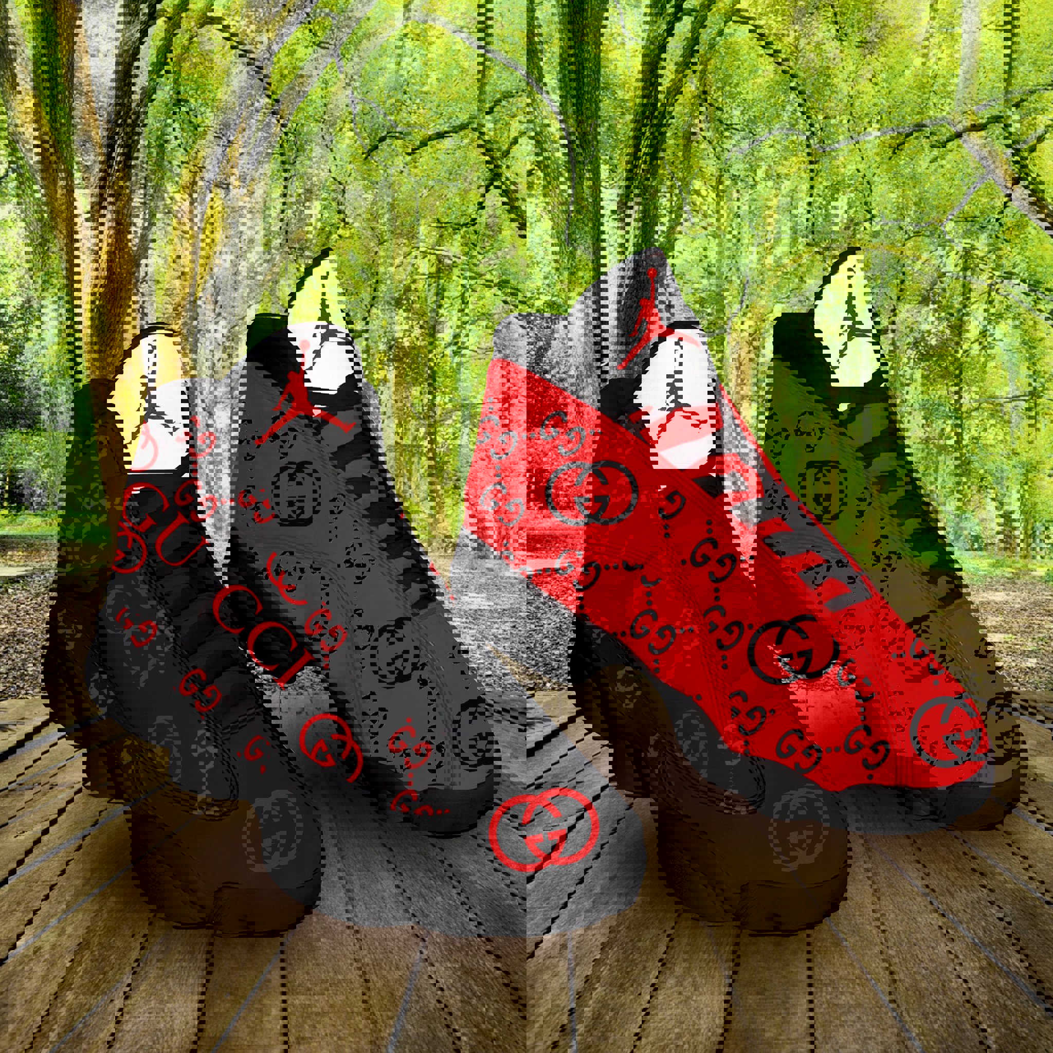 Gucci and Jordan 13 Sneaker High Top Black Red Monogram Luxury Statement Shoes