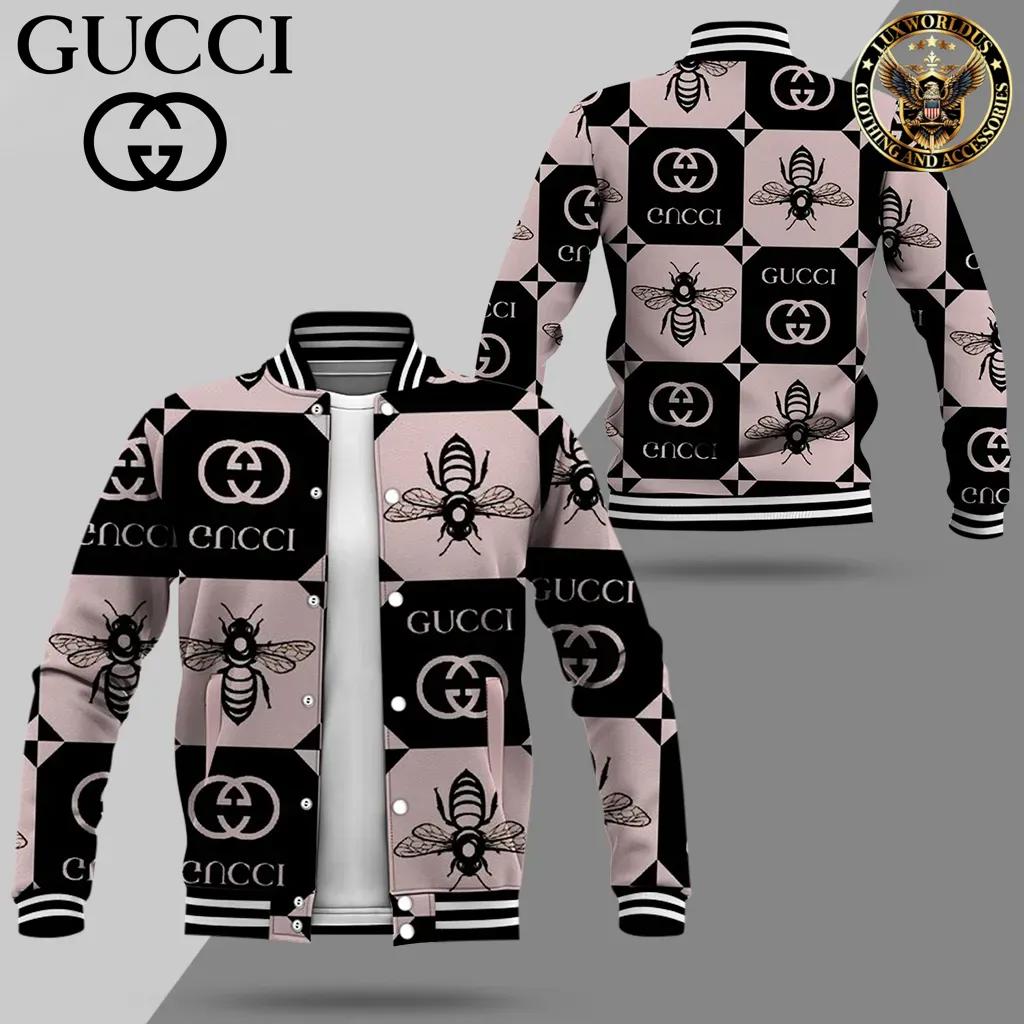Gucci Bee Pattern Varsity Jacket in Luxurious Pink and Black