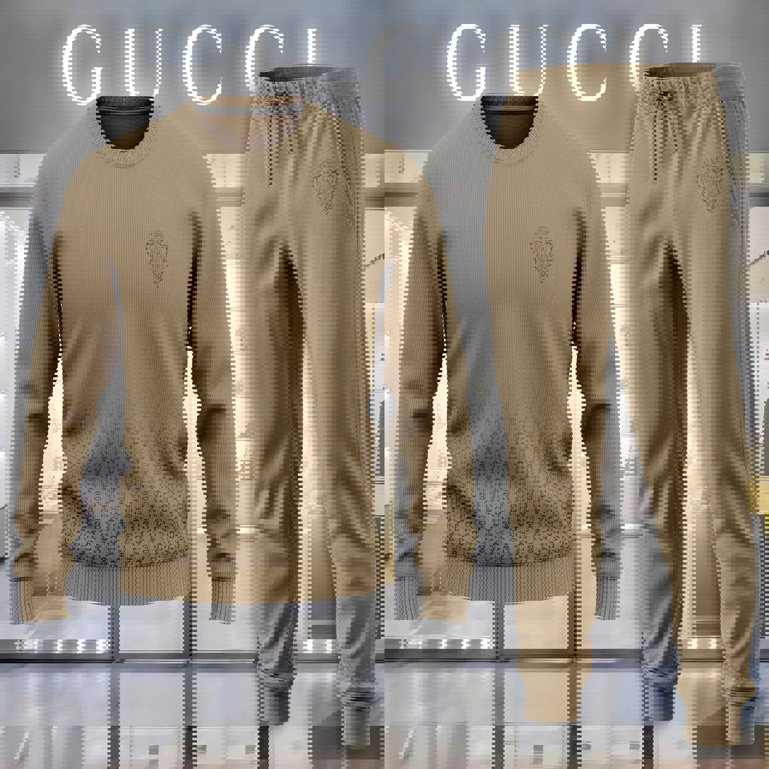 Gucci Beige Monogram Sweater And Pants Set - Luxury Edition
