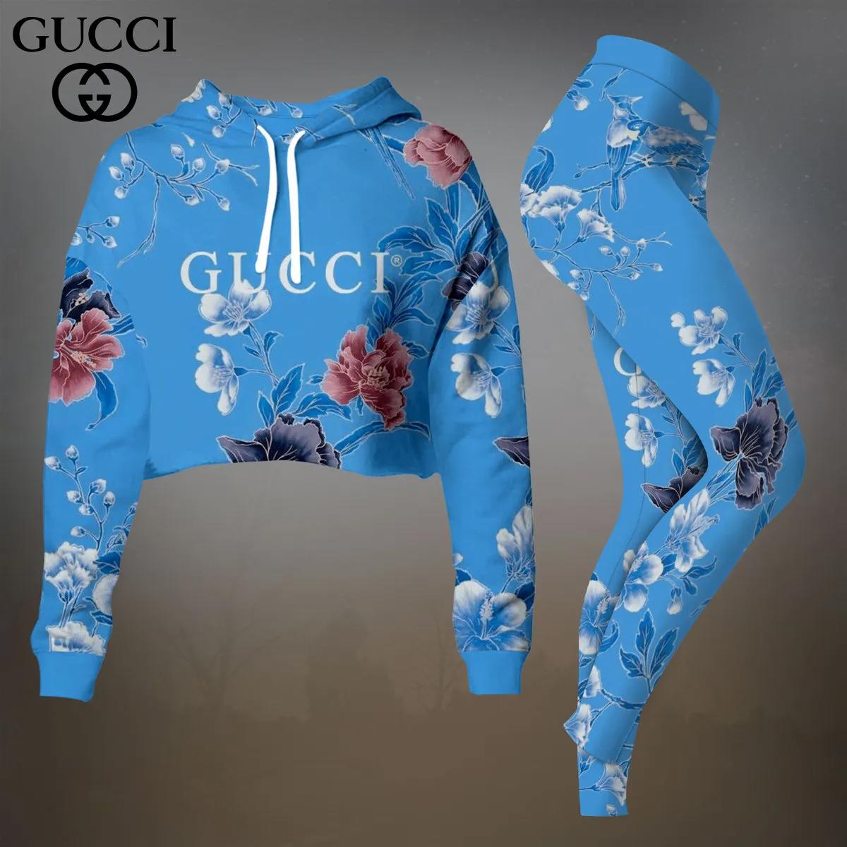 Gucci Blue Floral Crop-Top T-Shirt and Leggings Set - Edgy Luxe Style