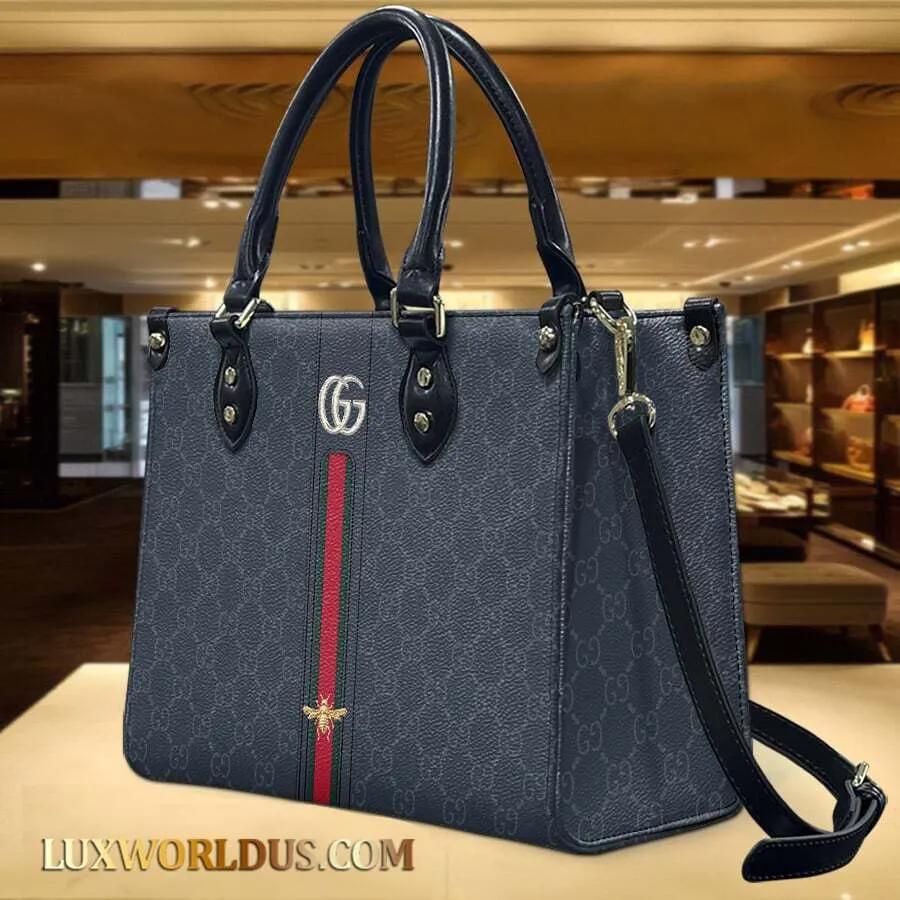 Gucci Blue Monogram Shoulder Bag with Red Stripe and Bee Charm