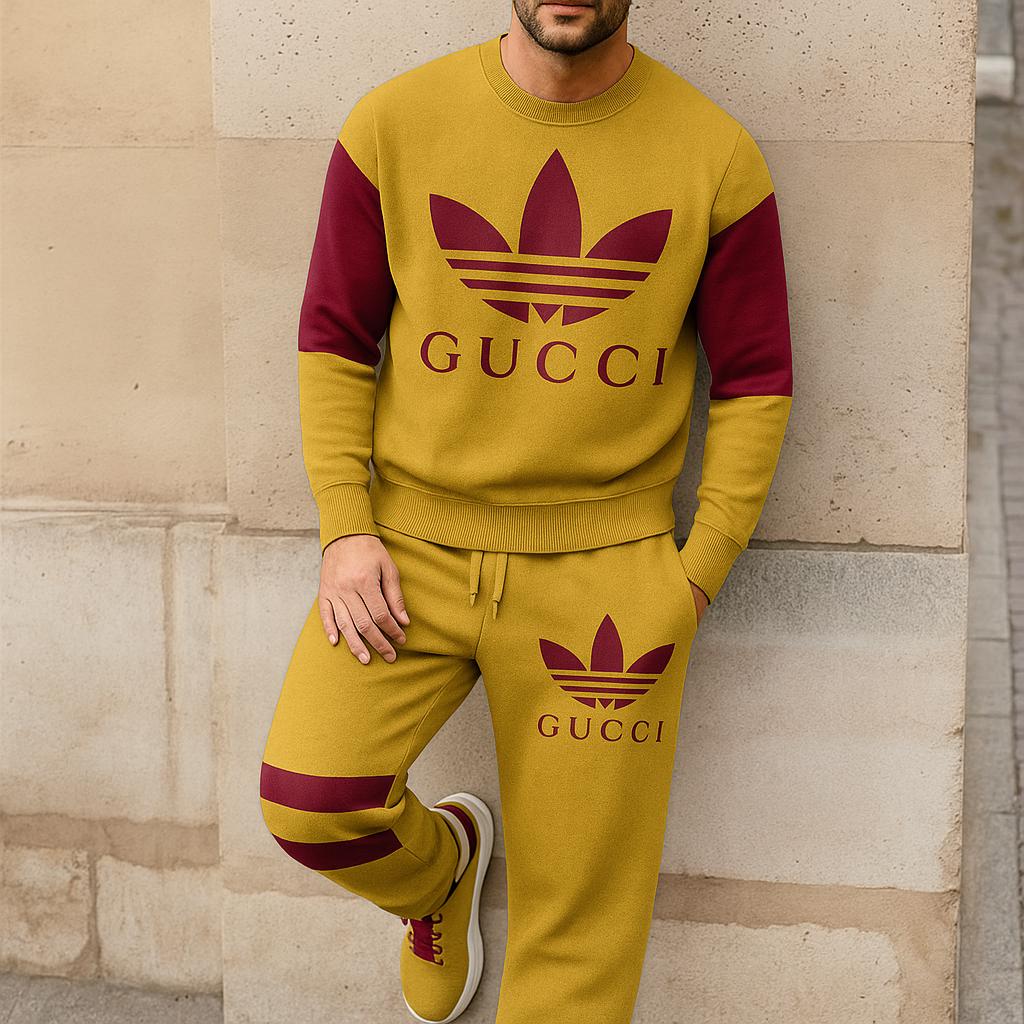 Gucci Bold Adidas Sweater And Pants Set Yellow and Maroon