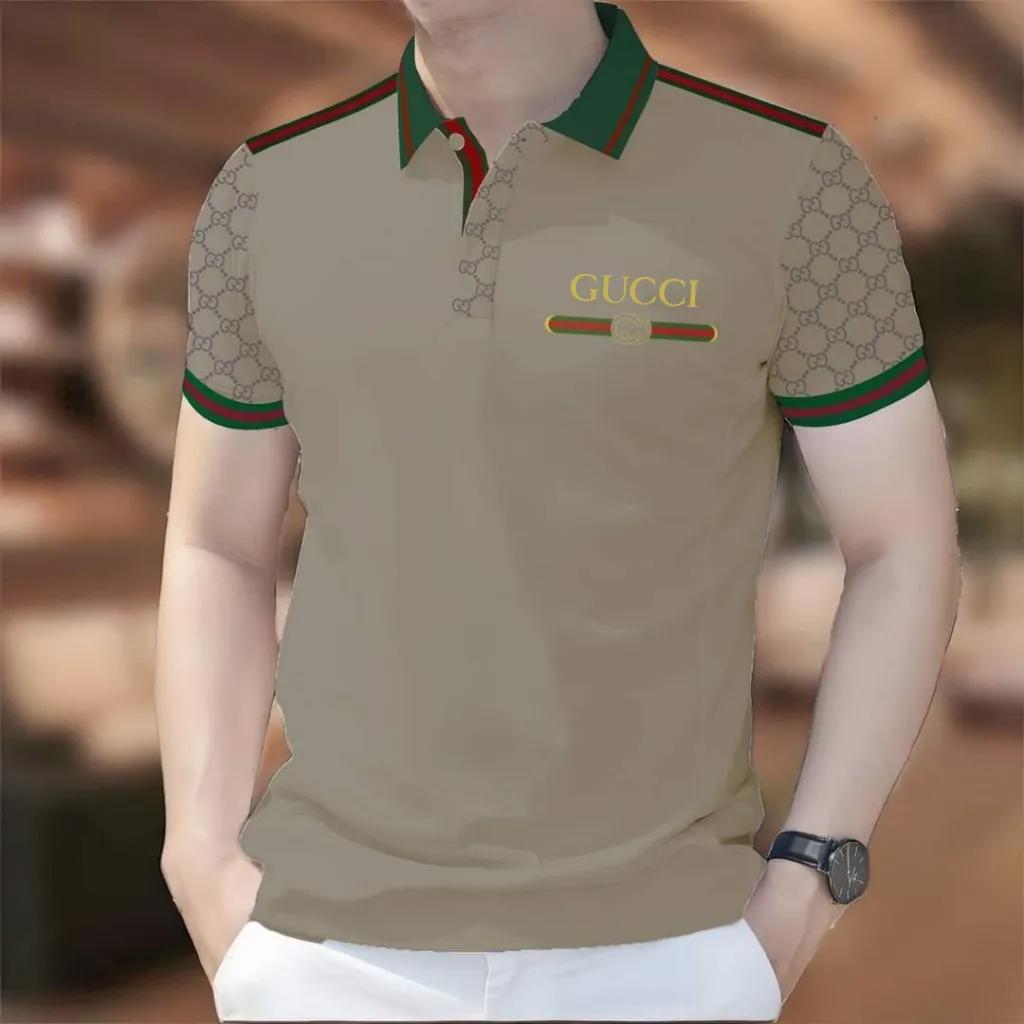 Gucci Classic Polo in Tan with Iconic GG Pattern and Bold Stripes