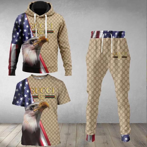 Gucci Eagle Print Hoodie & Jogger Set Tan and Red Stripes