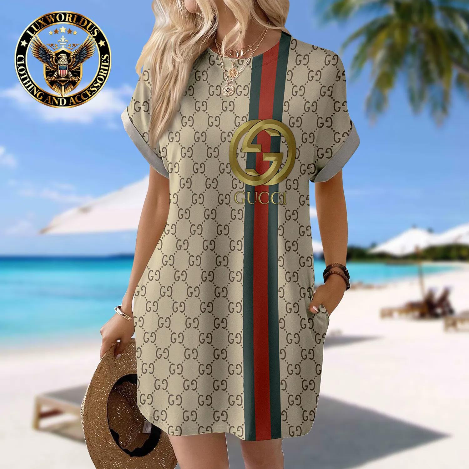 Gucci Elegant Sleeve Pocket Dress with Statement Texture and Iconic Print