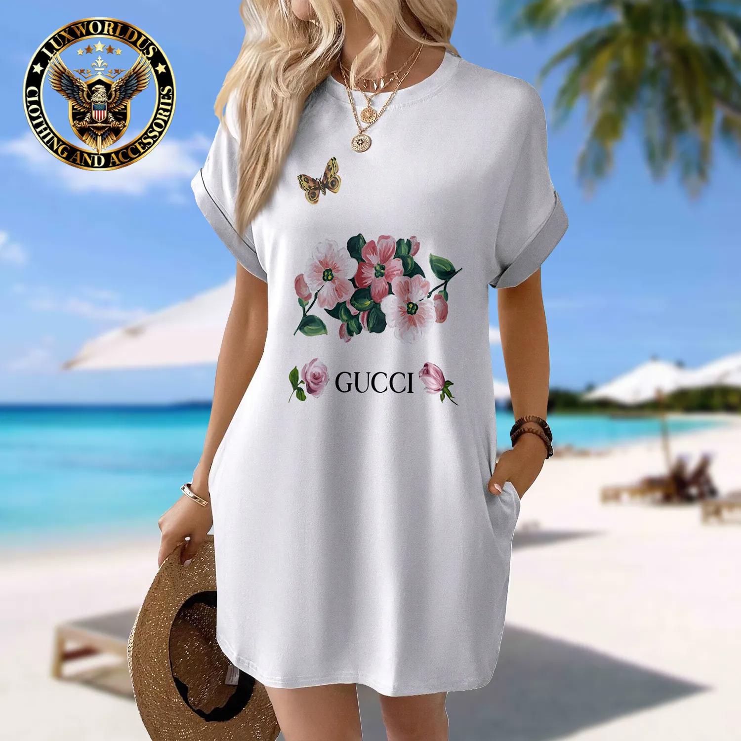 Gucci Floral Sleeve Pocket Dress in White