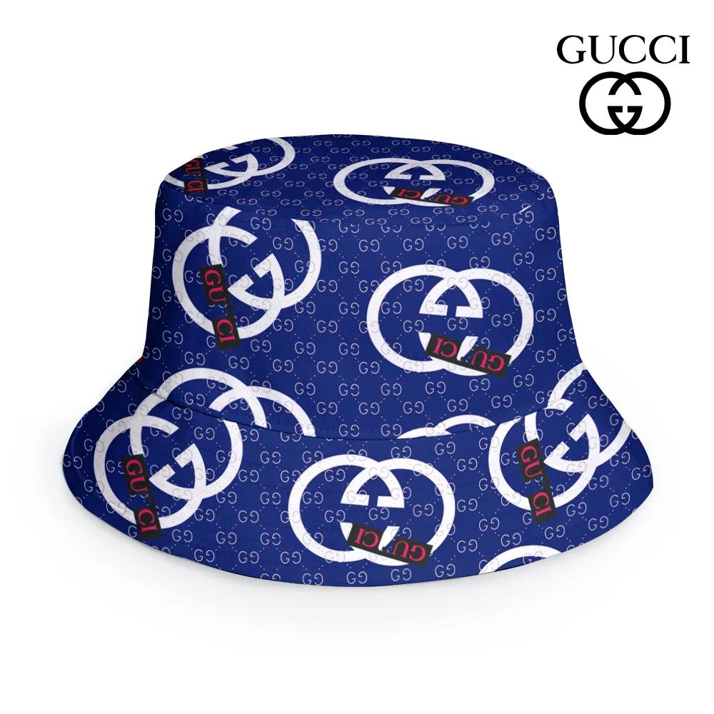 Gucci Iconic Bucket Hat in Blue and White Logo Print
