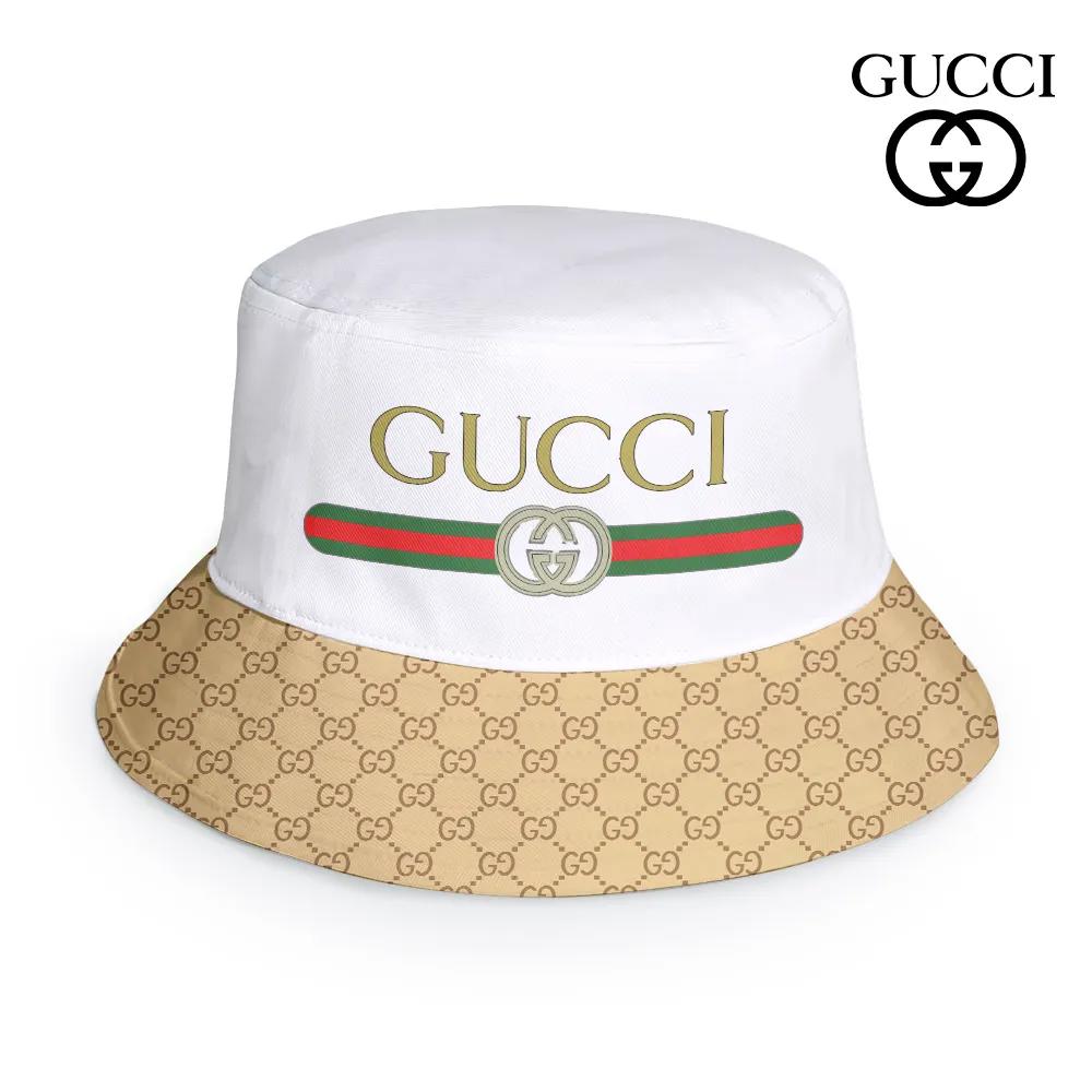 Gucci Iconic Bucket Hat with GG Pattern and Bold Stripes