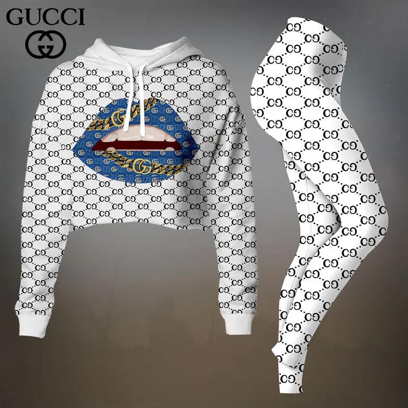Gucci Iconic Lips Crop-Top T-Shirt and Leggings Set - Edgy Luxury Lifestyle Ad