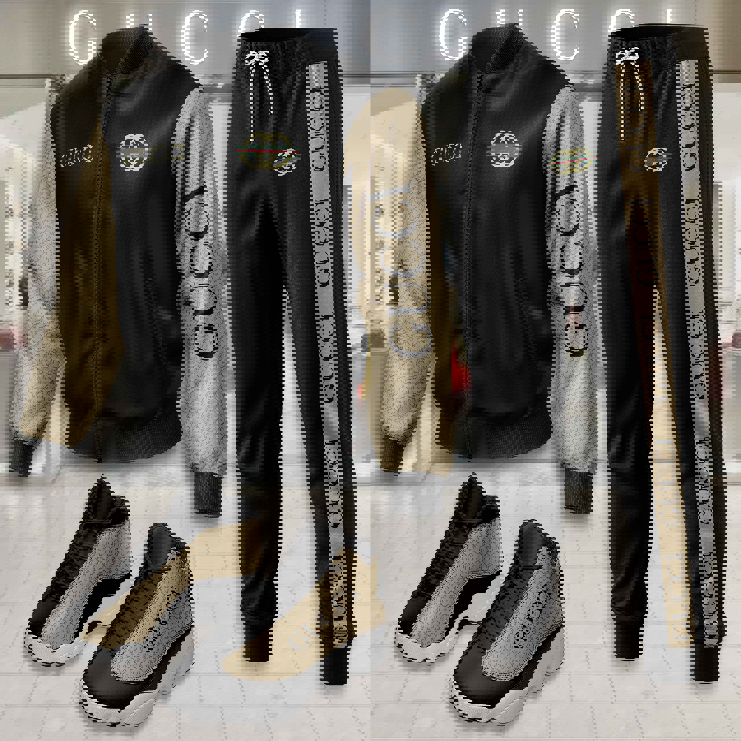 Gucci Iconic Monogram Tracksuit Set in Luxe Black and Gold