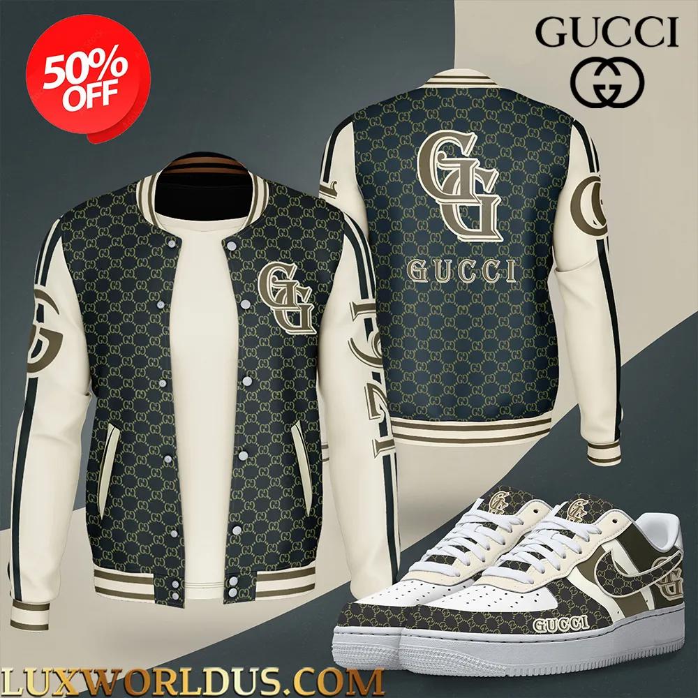 Gucci Iconic Navy Varsity Jacket with Bold GG Monogram and Luxurious Leather Texture