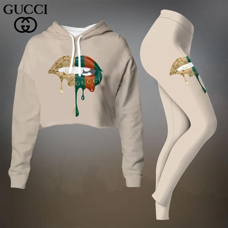 Gucci Luxe Dripping Lips Crop-Top T-Shirt and Leggings Set - Chic Modern Ensemble