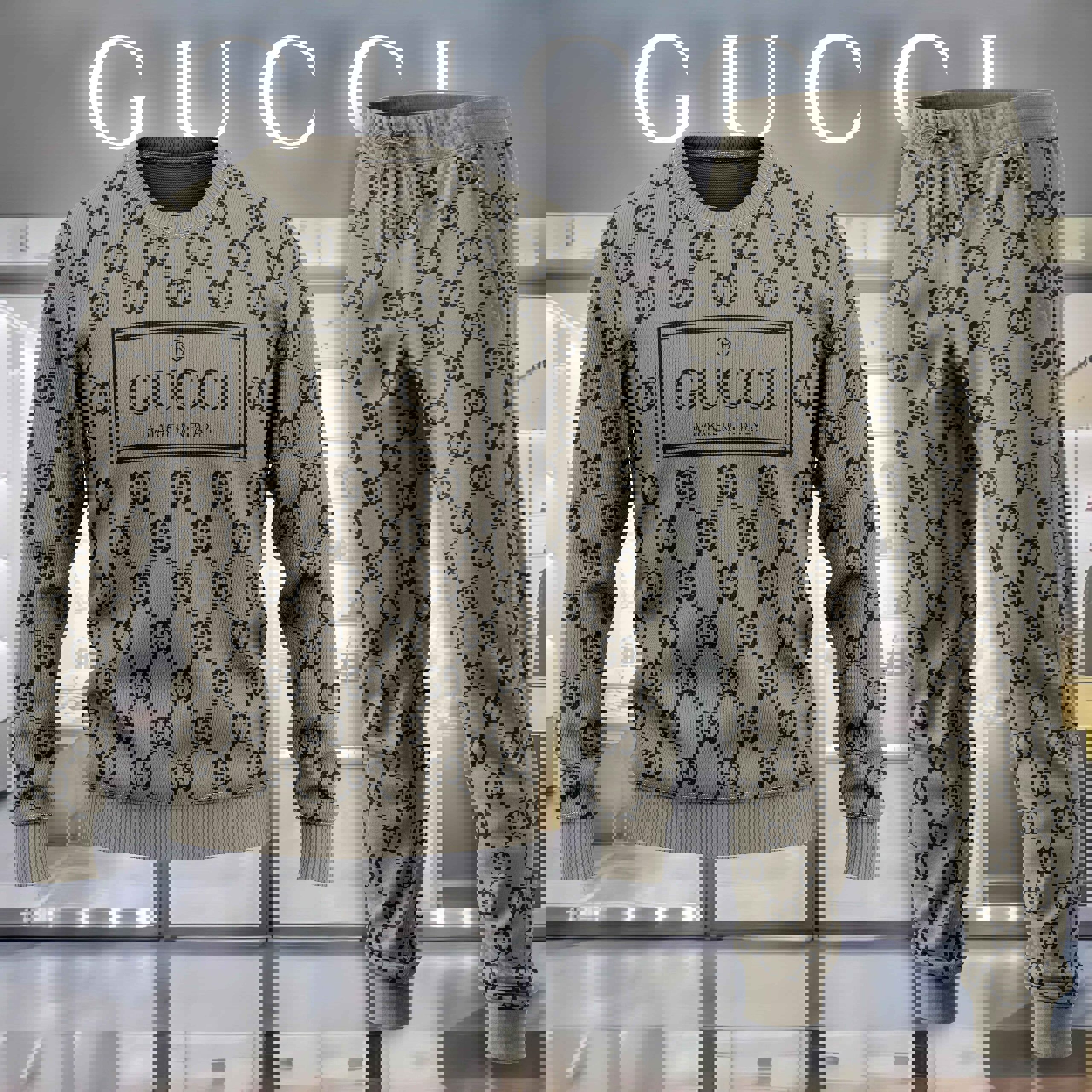 Gucci Luxe GG Monogram Sweater And Pants Set in Beige and Brown