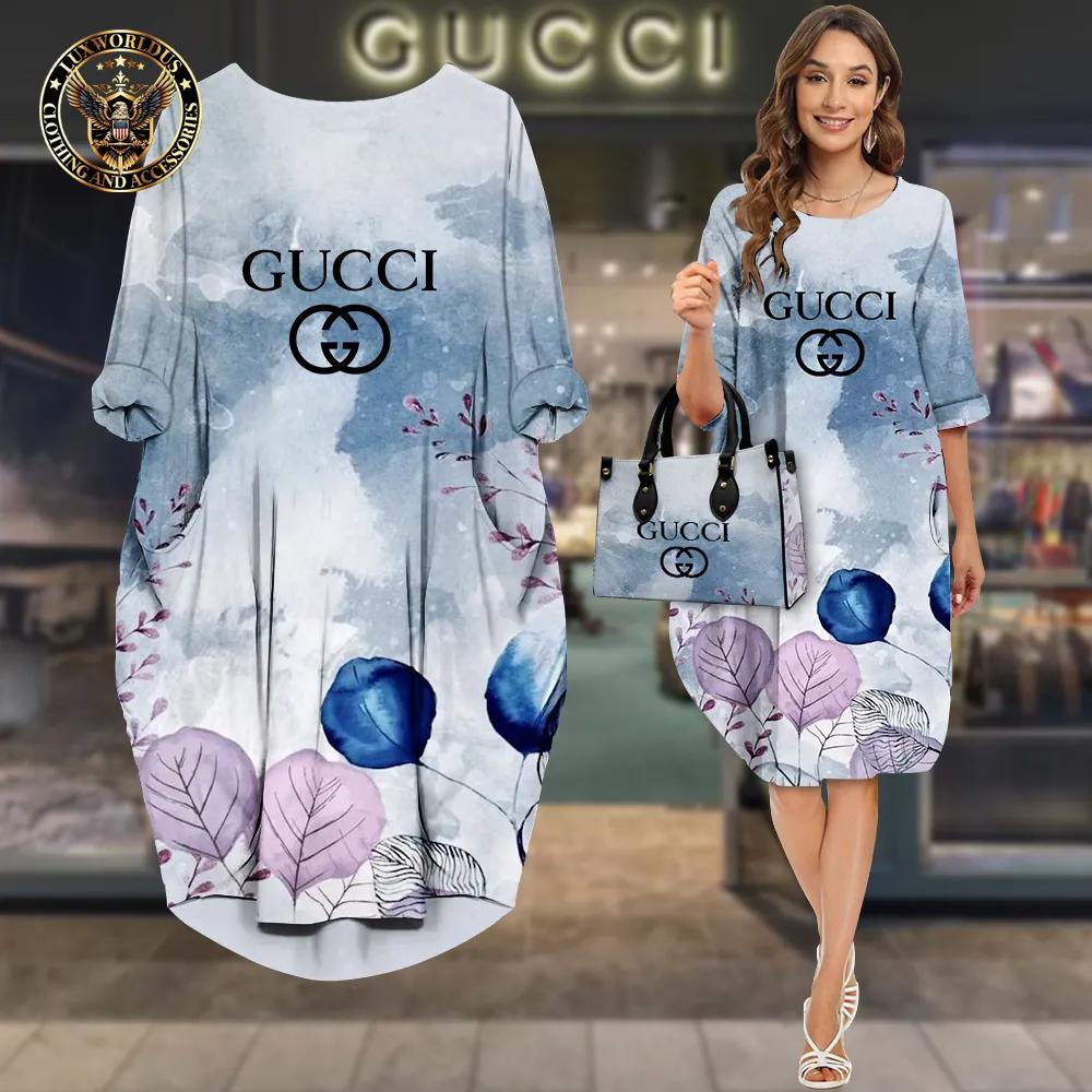 Gucci Luxe Watercolor Print Sleeve Pocket Dress in Serene Blue