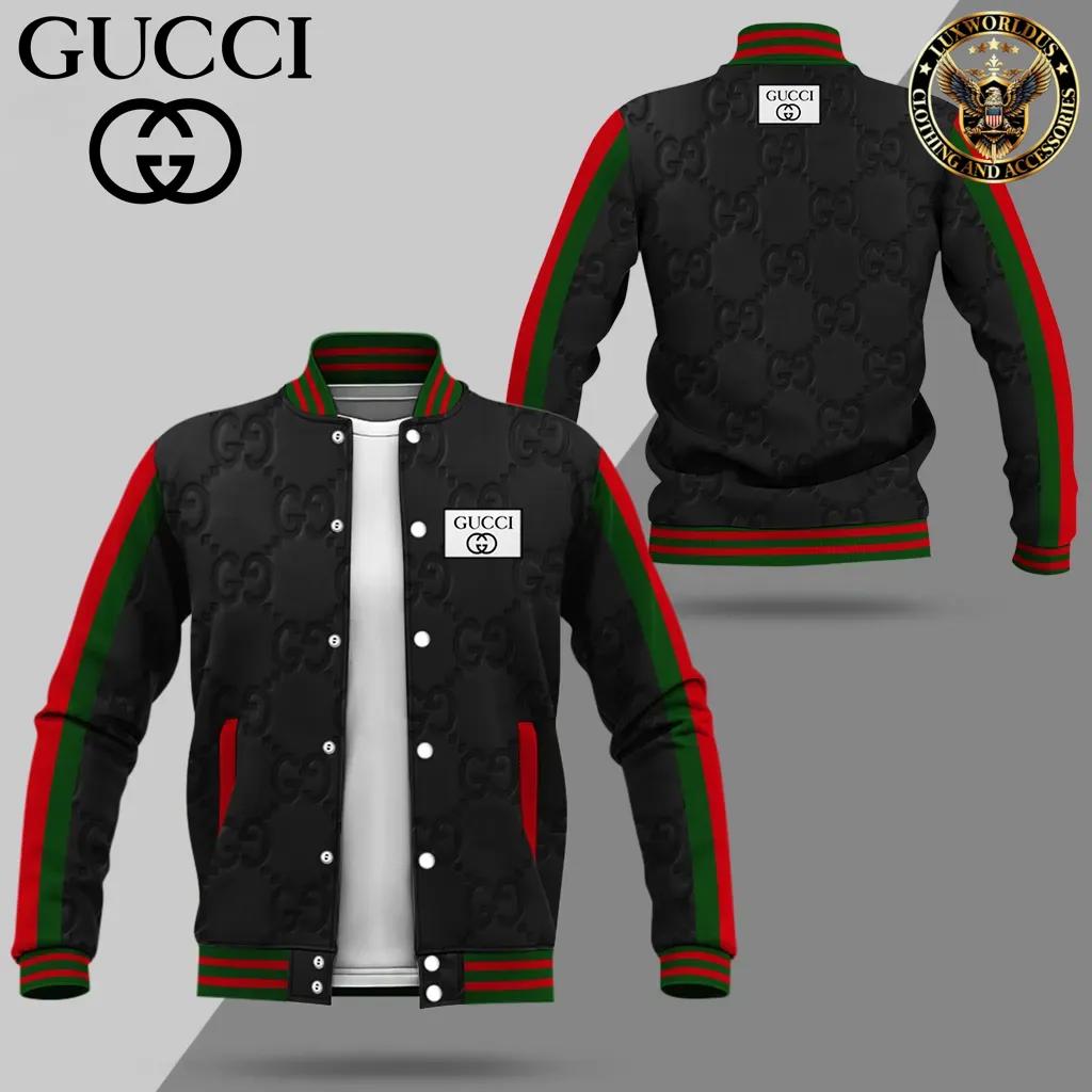 Gucci Luxurious Black Varsity Jacket with Bold Red and Green Stripes