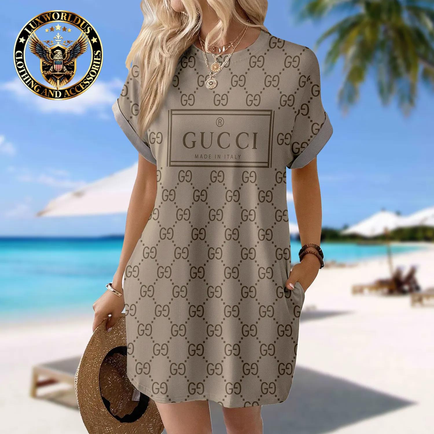 Gucci Luxurious Sleeve Pocket Dress Beige and Minimalist