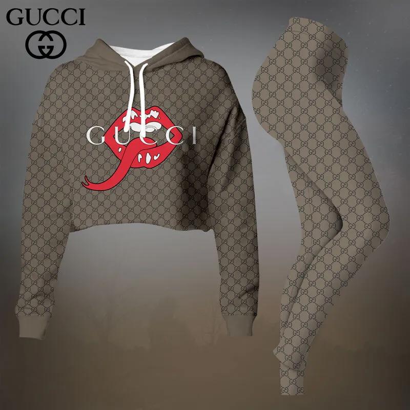 Gucci Luxury Crop-Top T-Shirt and Leggings Set | Edgy Chic Brown Monogram Print
