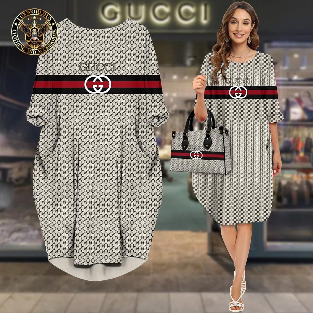 Gucci Luxury Sleeve Pocket Dress with Statement Monograms and Bold Red Stripes