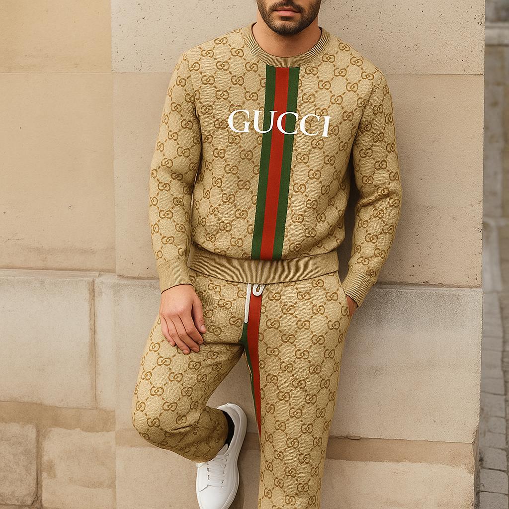 Gucci Luxury Tan Monogram Sweater and Pants Set