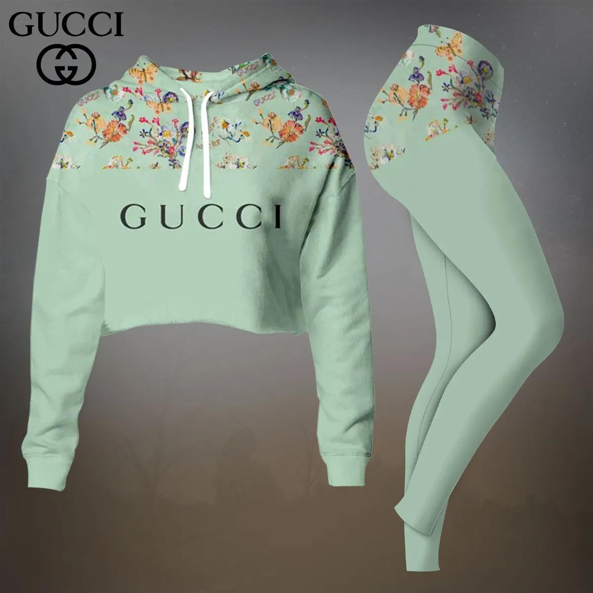 Gucci Mint Floral Crop-Top T-Shirt and Leggings Set - Chic & Luxe Statement Piece
