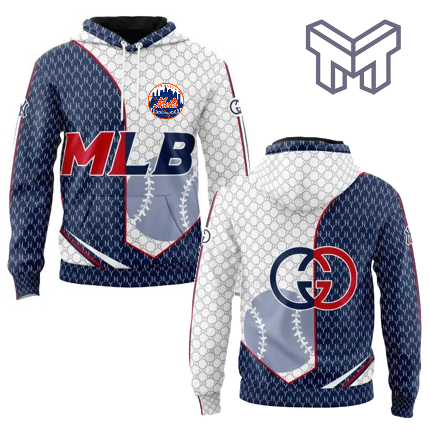 Gucci MLB Baseball Hoodie 3D Navy and Red Edition