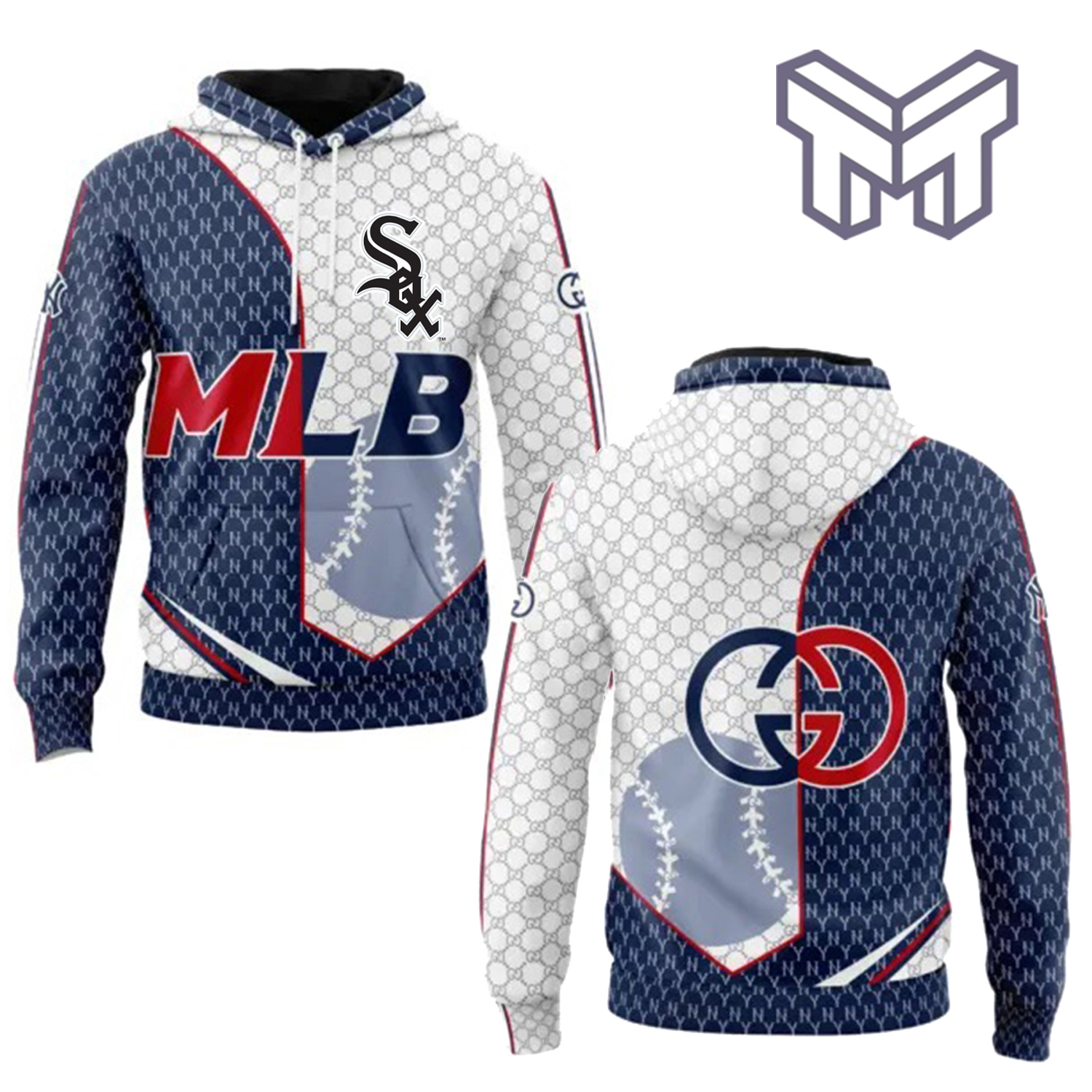 Gucci MLB Edition Hoodie 3D in Premium Navy Blue and Red Baseball Pattern