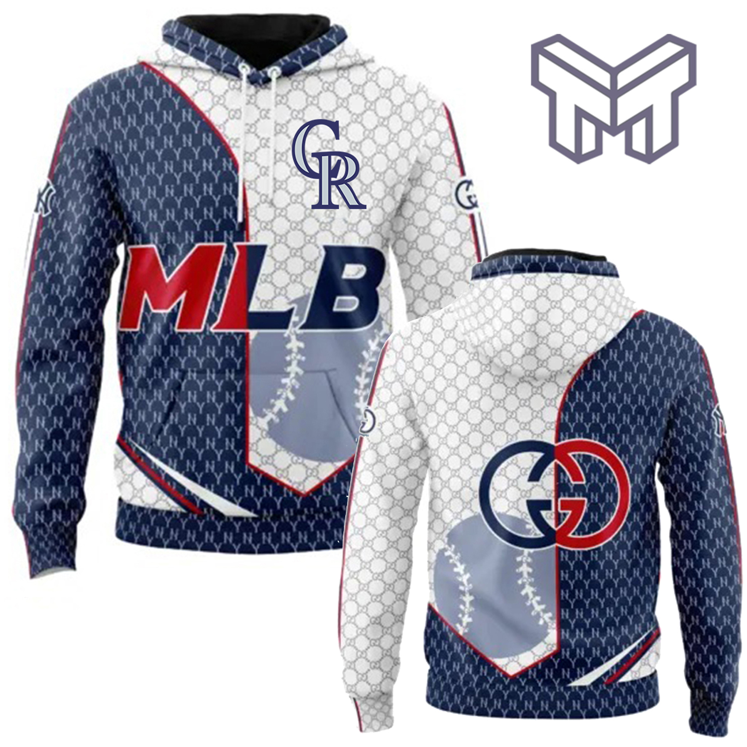 Gucci MLB Edition Hoodie 3D Navy Blue & Red Statement Piece