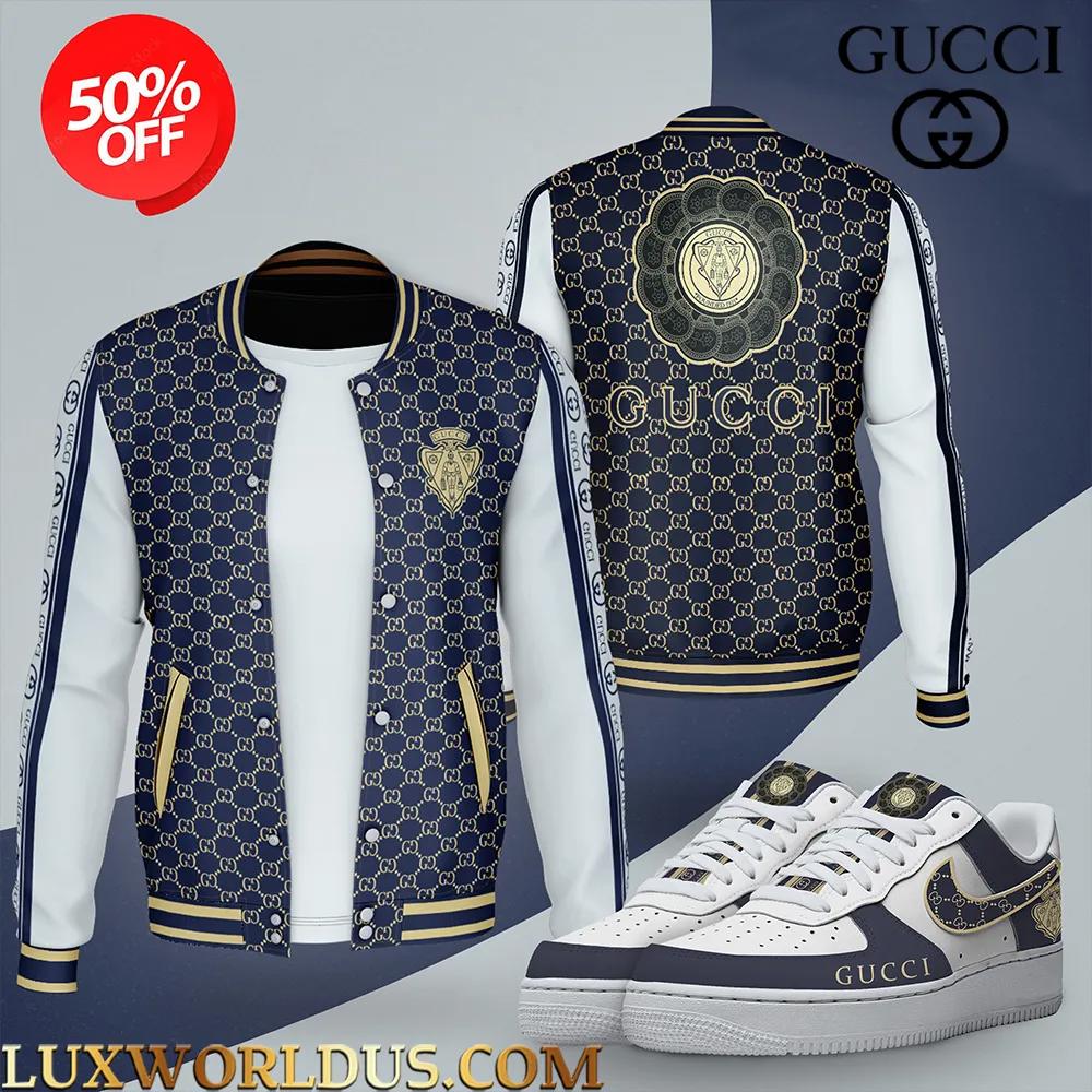 GUCCI Navy Blue Varsity Jacket with Monogram Pattern