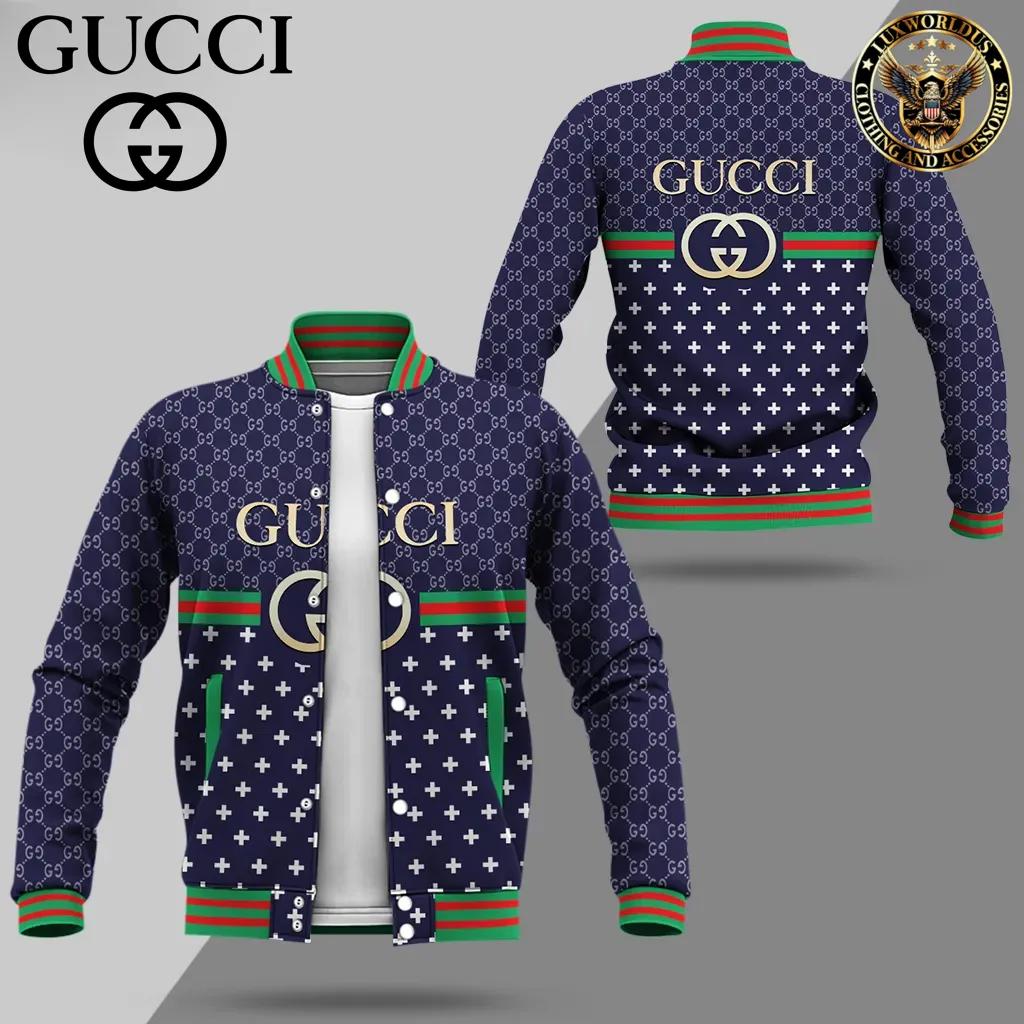 Gucci Navy Plus Sign Varsity Jacket with Green and Red Trim