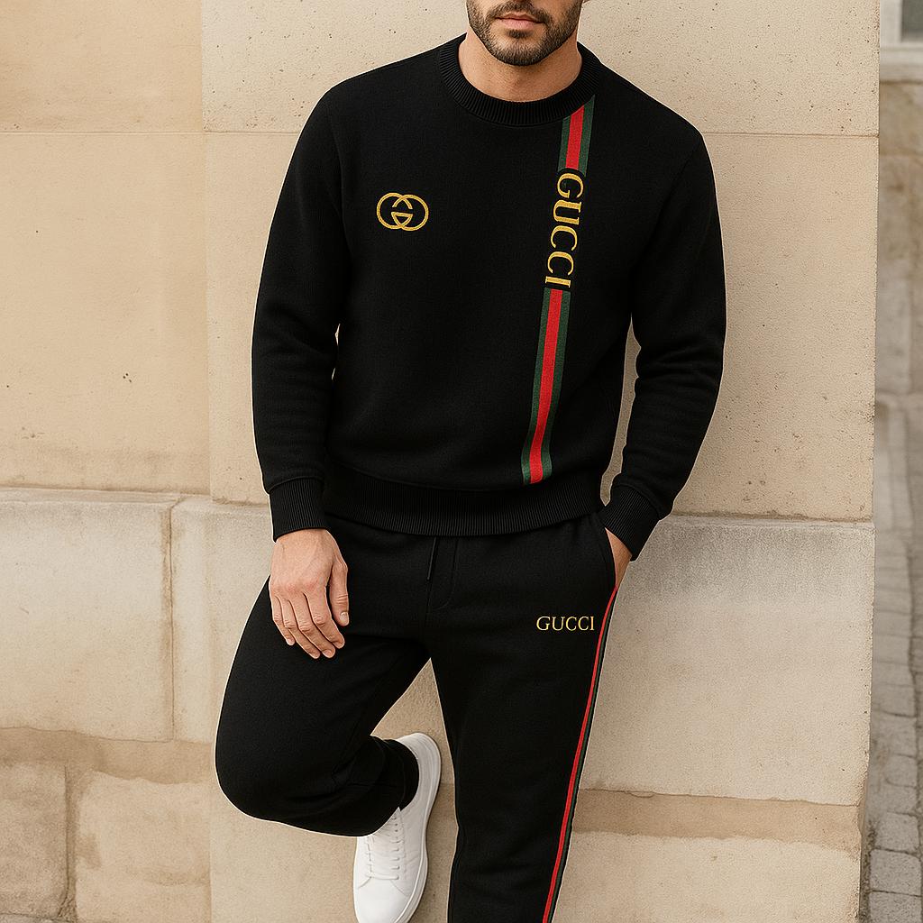 Gucci Premium Black Sweater And Pants Set with Bold Red and Green Stripes