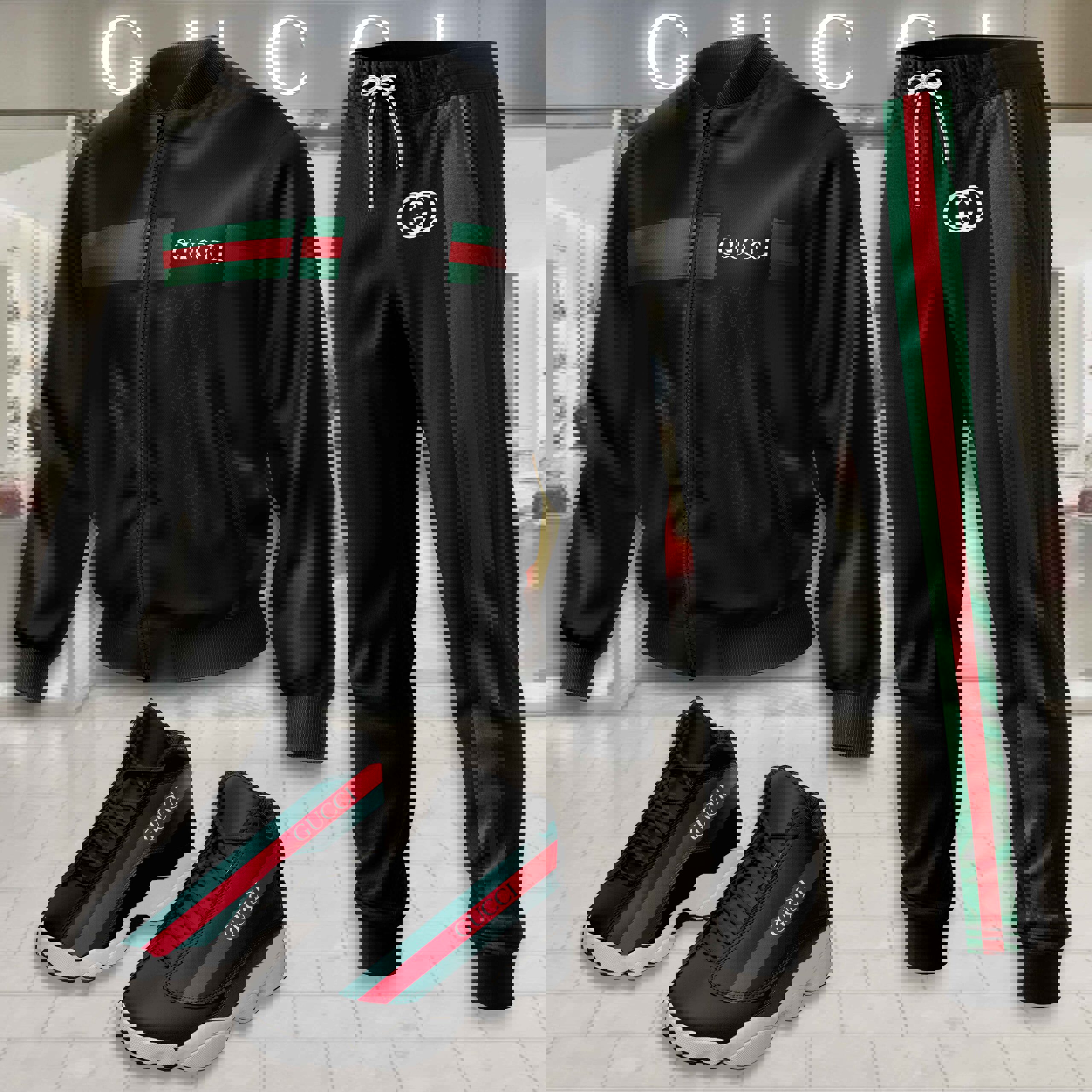Gucci Premium Tracksuit Set Black and White Striped Sneakers