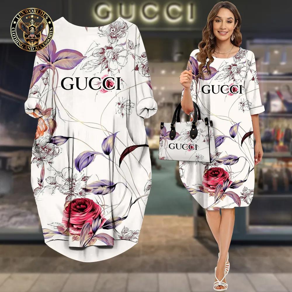 Gucci Romantic Sleeve Pocket Dress with Bold Rose Print and Minimalist Style