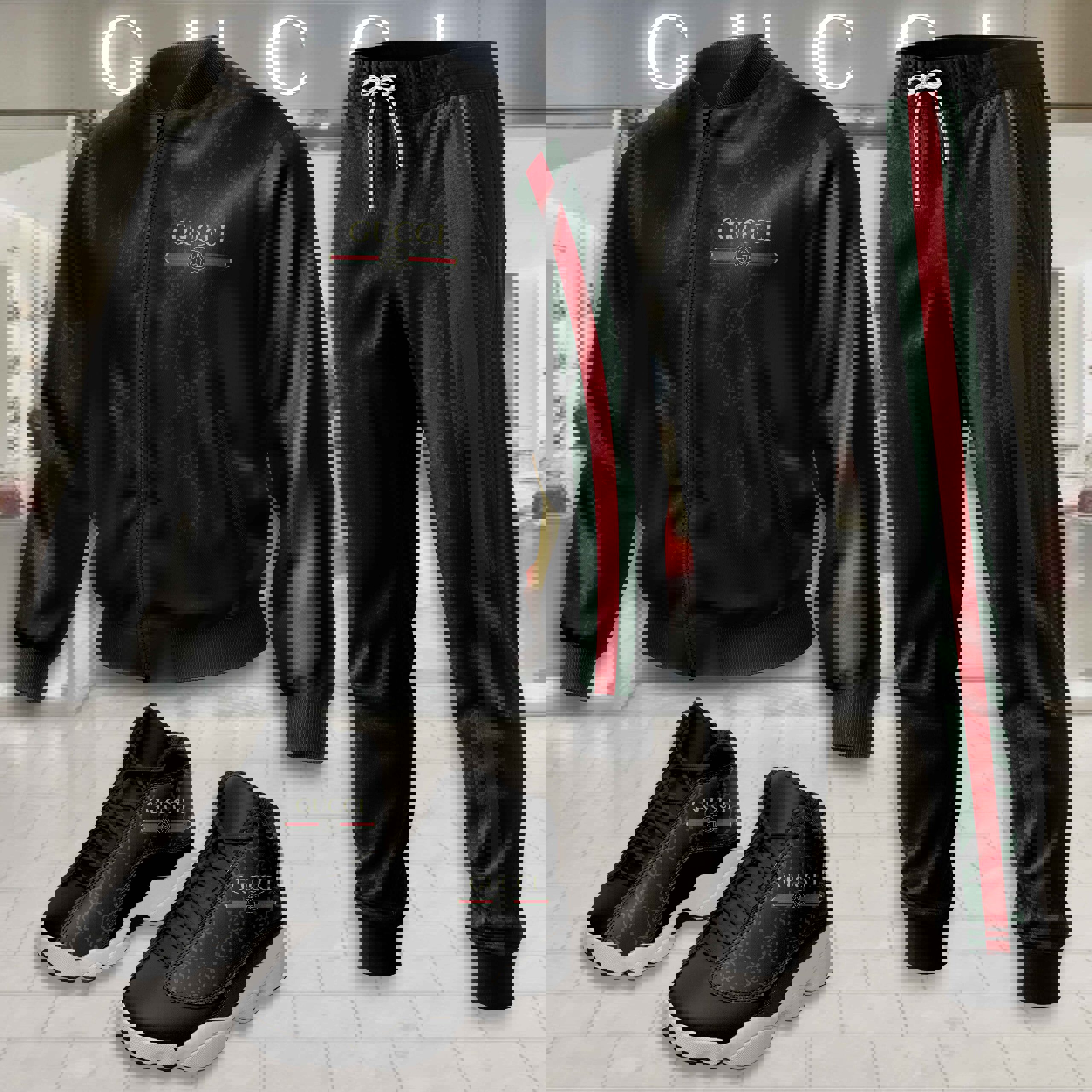 Gucci Satin Black Jacket Pants Set with Signature Green Red Stripes
