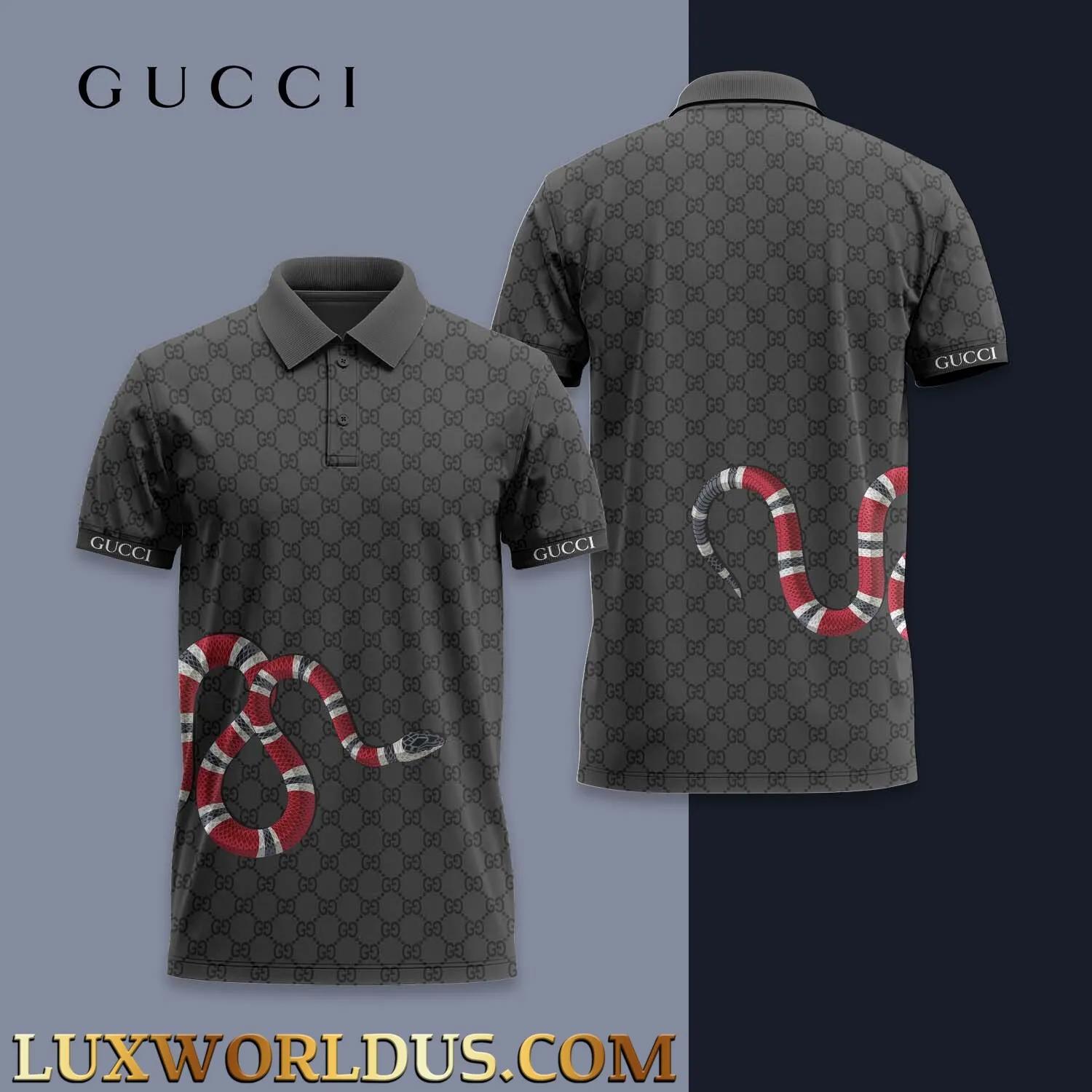 Gucci Snake Motif Polo in Dark Grey and Monogram Print