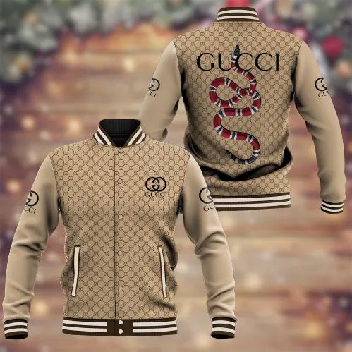 Gucci Snake Print Varsity Jacket Brown Beige