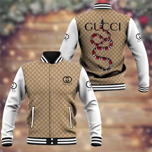 Gucci Snake Print Varsity Jacket in Tan