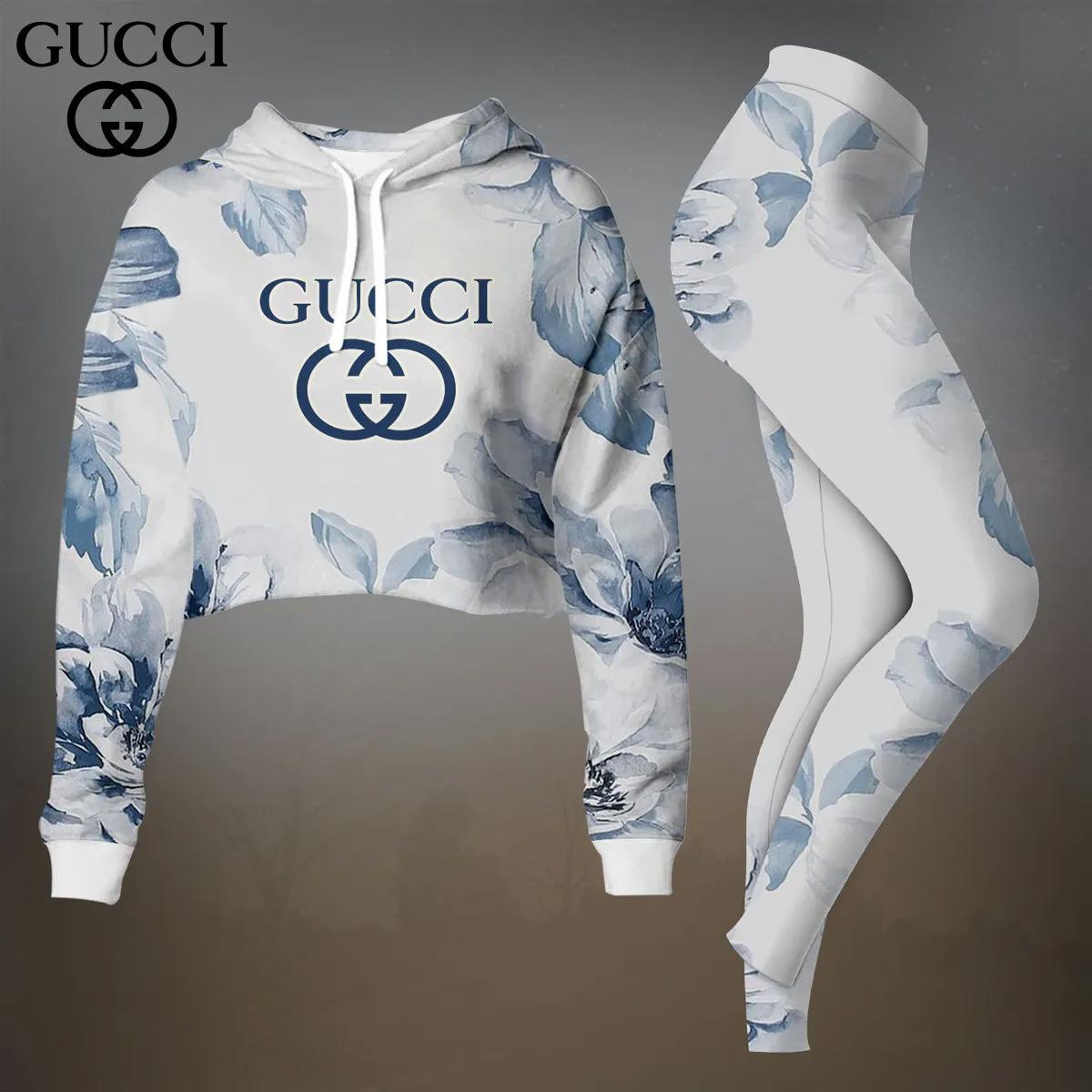 Gucci Statement Blue Floral Crop-Top T-Shirt and Leggings Set