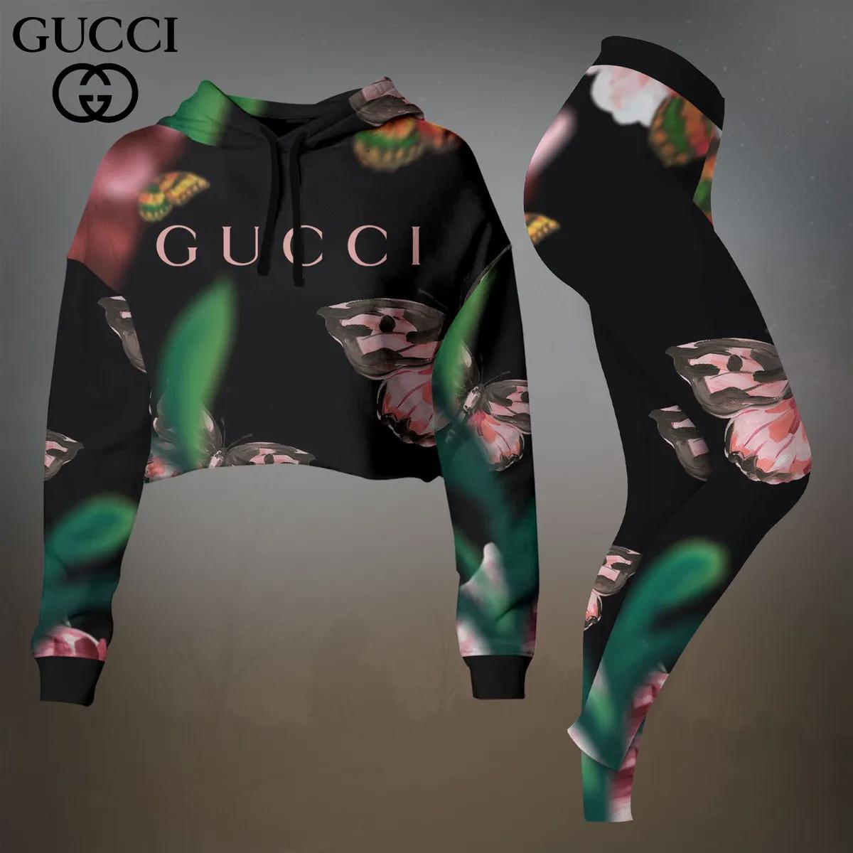 Gucci Statement Crop-Top T-Shirt and Leggings Set in Bold Butterfly Print