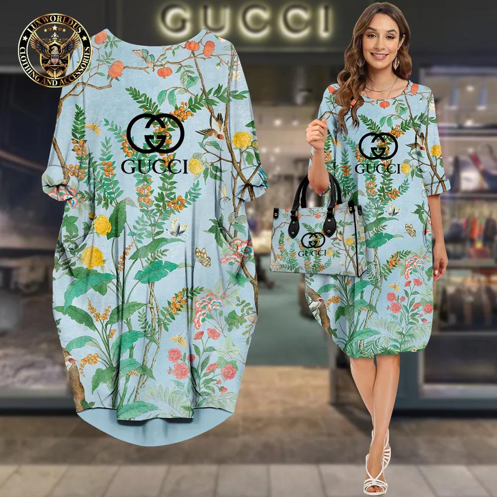 Gucci Statement Floral Sleeve Pocket Dress in Serene Blue and Chic