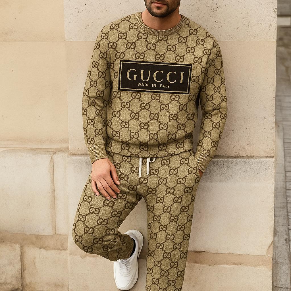 Gucci Statement GG Pattern Sweater And Pants Set Olive Green & Gold