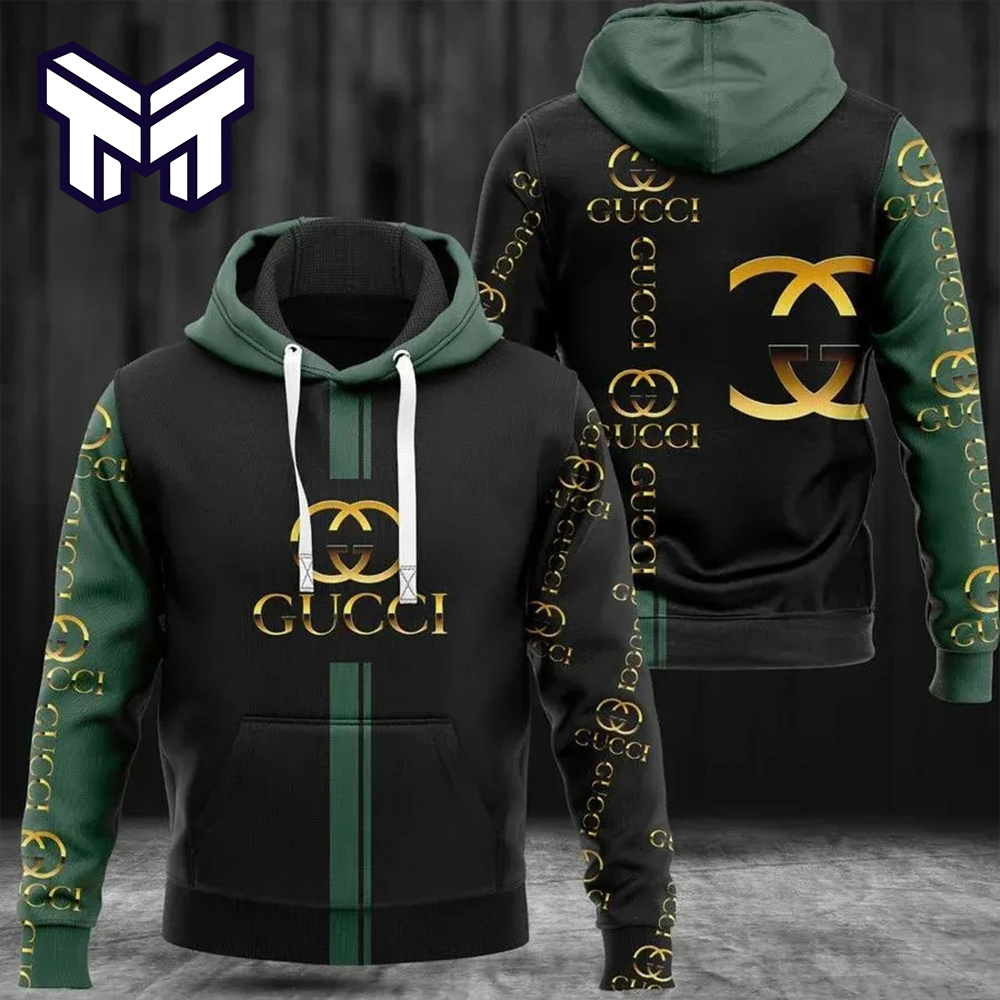 Gucci Statement Hoodie 3D Chic Green and Black Luxury Lifestyle Ad