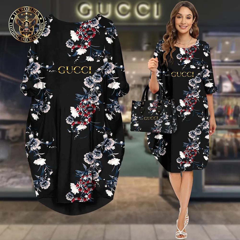 Gucci Statement Sleeve Pocket Dress Elegant Luxe Black and White Floral Print