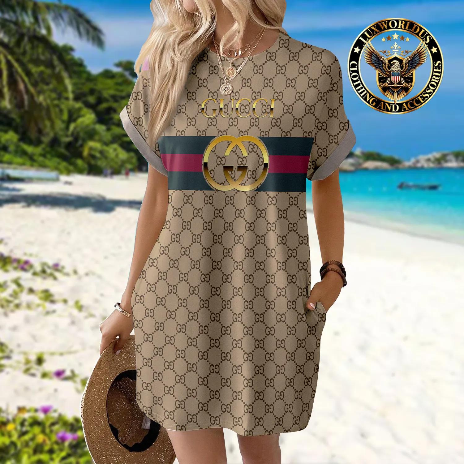 Gucci Statement Sleeve Pocket Dress Tan Chic Style