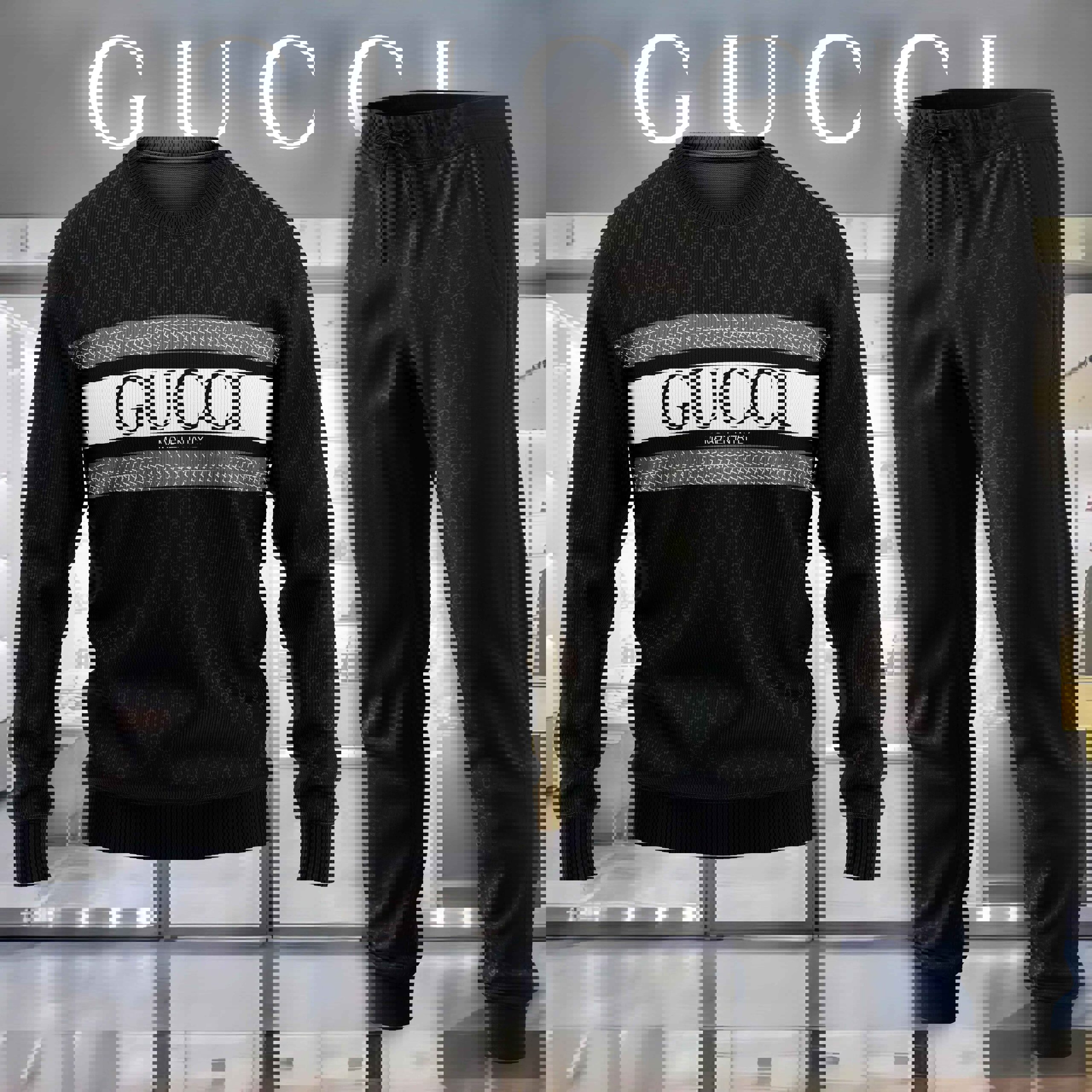 Gucci Statement Sweater And Pants Set Black and Bold Luxury Lifestyle Ad