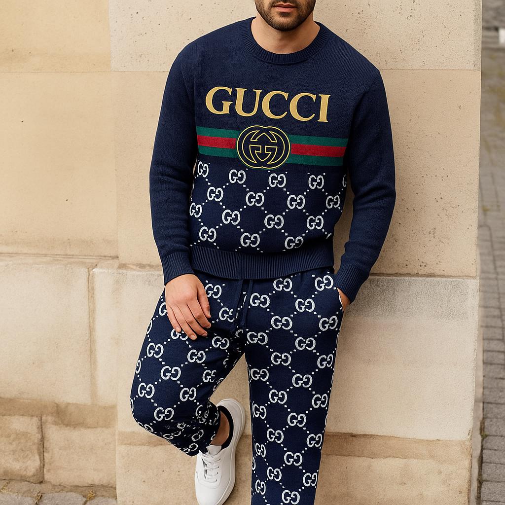 Gucci Statement Sweater And Pants Set in Bold Navy and White GG Monogram