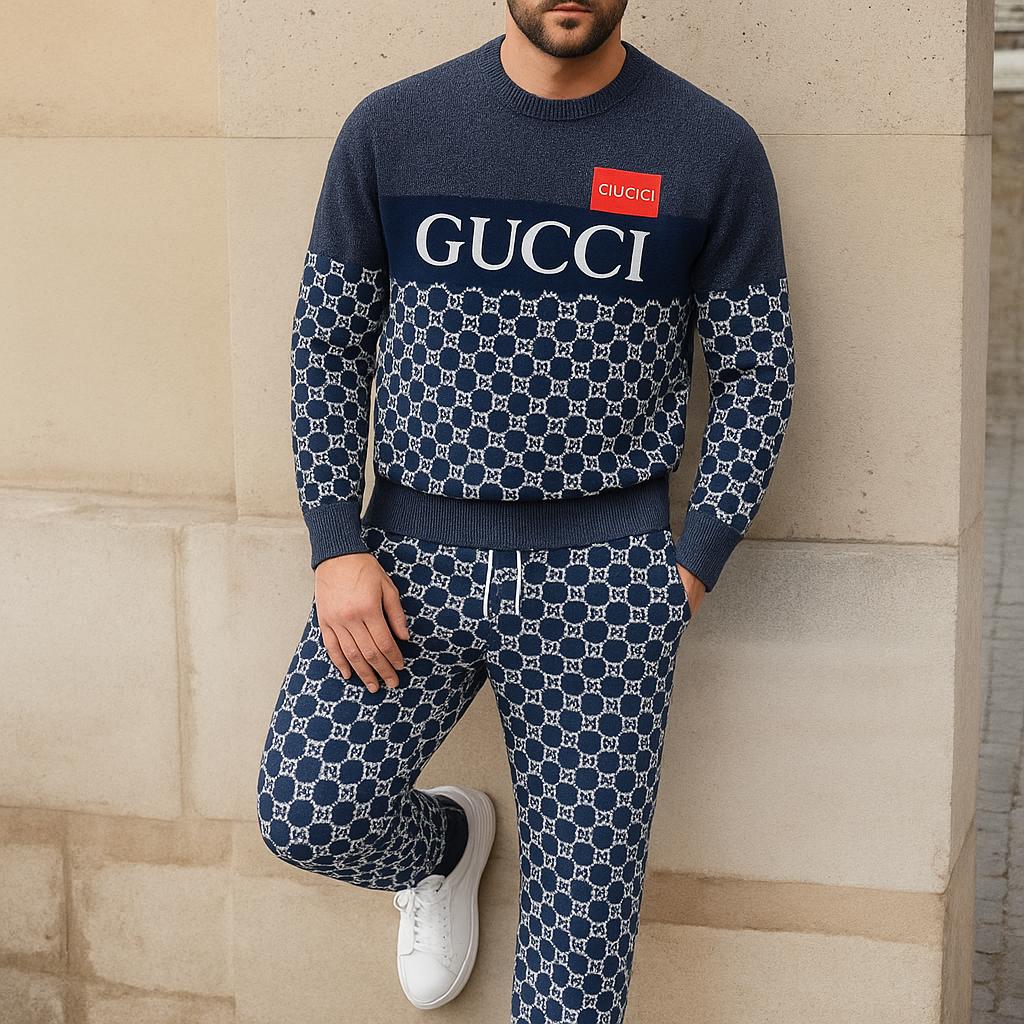 Gucci Statement Sweater And Pants Set Navy Blue and White Geometric Print