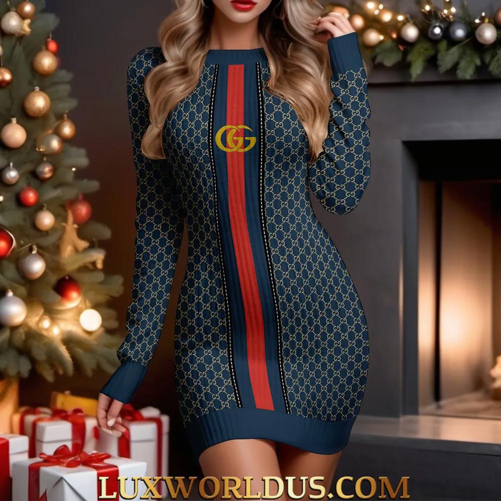 Gucci Statement Sweater dress in luxurious navy with bold red accents.
