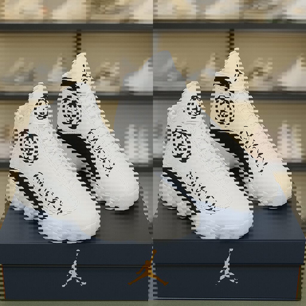 Gucci White Jordan 13 Sneaker with Bold Monogram and Classic Style