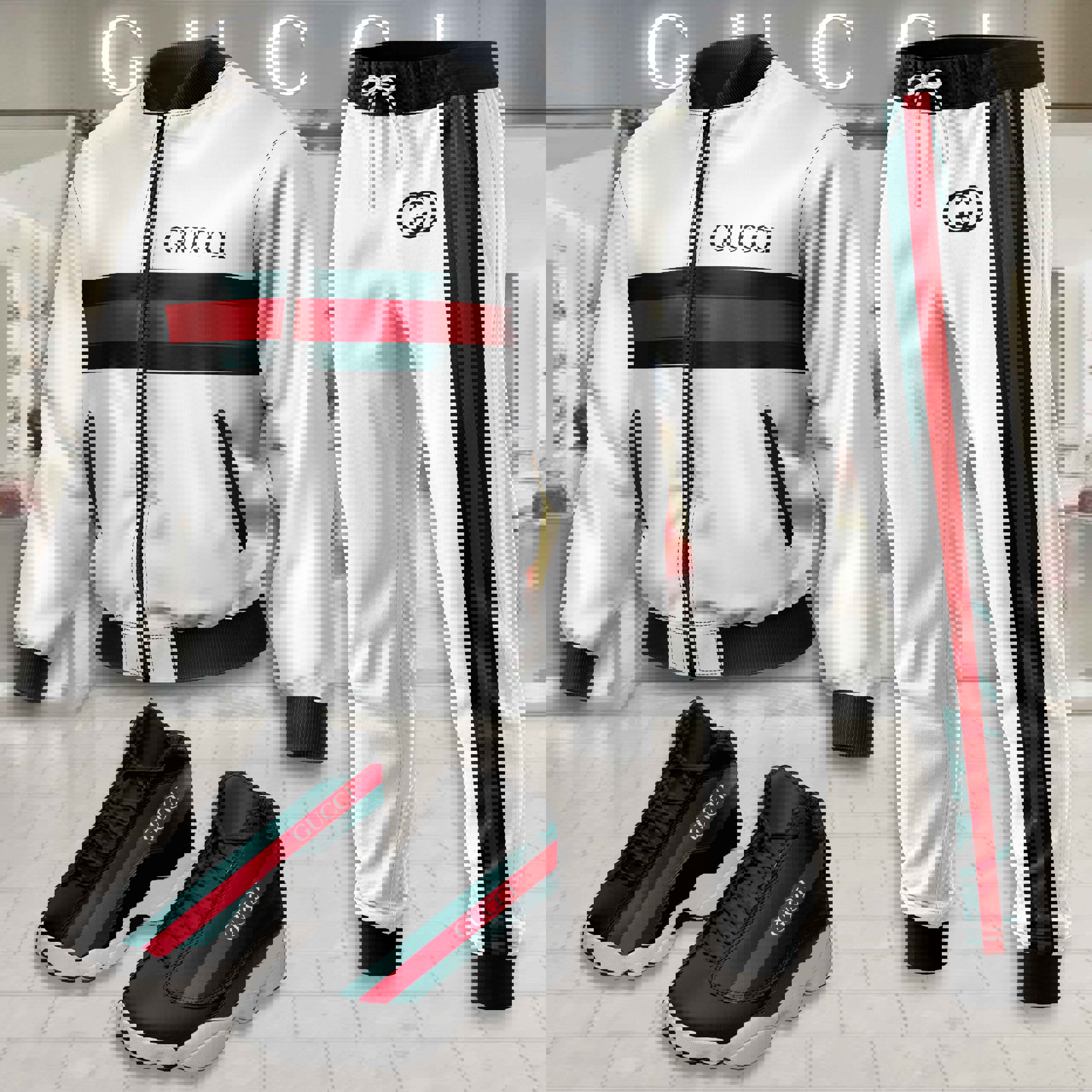Gucci White Track Suit with Red and Green Stripes
