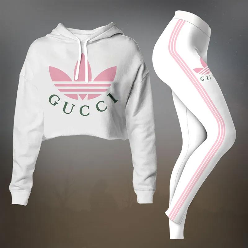 Gucci x Adidas White and Pink Crop-Top T-Shirt and Leggings Set